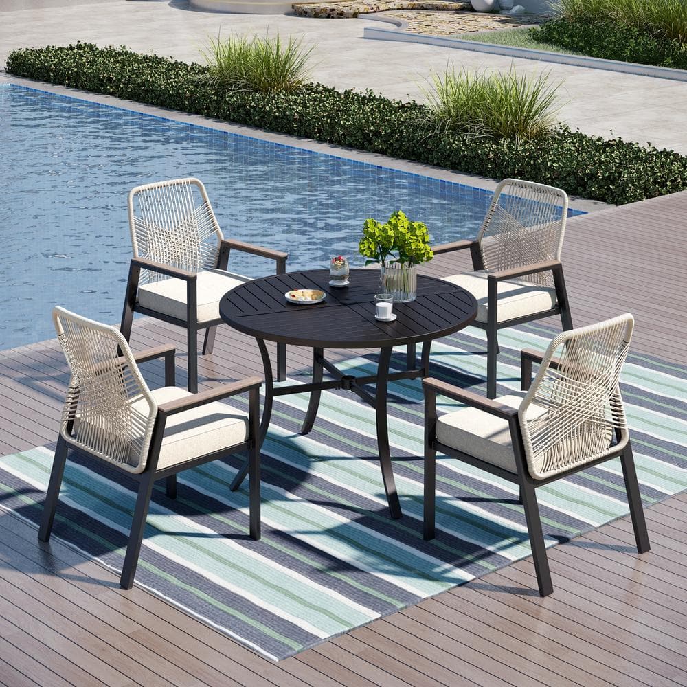 5-Piece Black Metal Patio Outdoor Dining Set with Round Table and Woven Rope Chair with Beige Cushions price history on PriceWatchPro