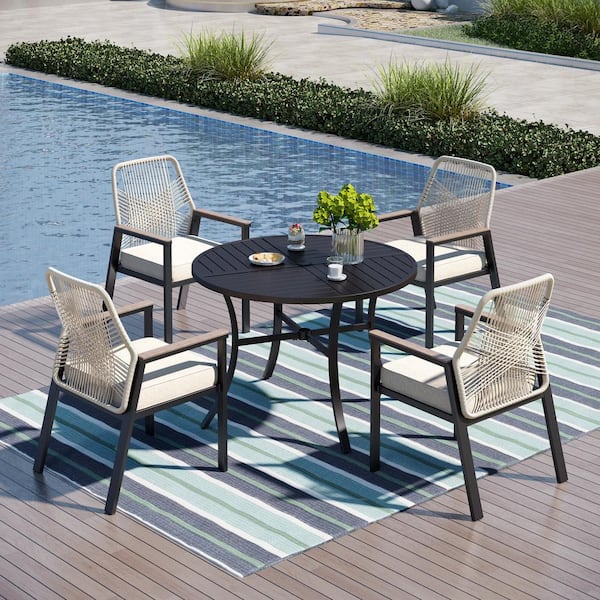 PHI VILLA 5-Piece Black Metal Patio Outdoor Dining Set with Round Table and Woven Rope Chair with Beige Cushions