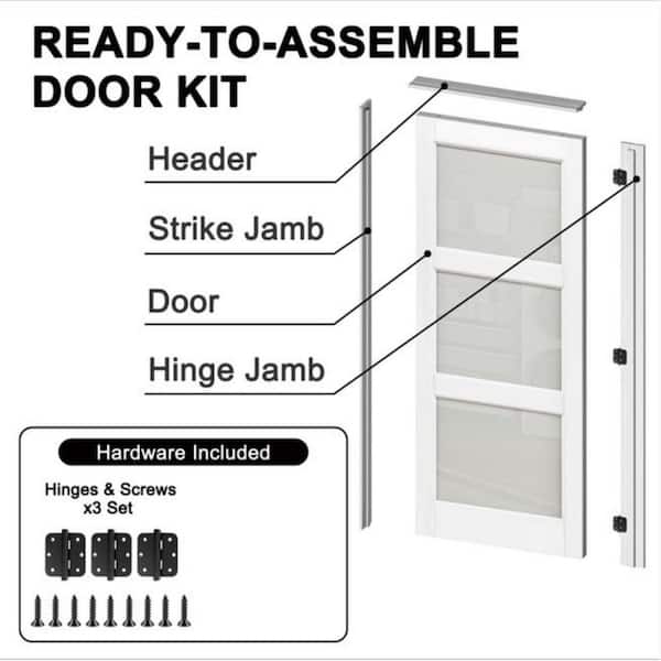 24 in. x 80 in. 3-Lite Frosted Glass Right White Solid Core Glass Single Prehung Interior Door with Quick Assemble Jamb