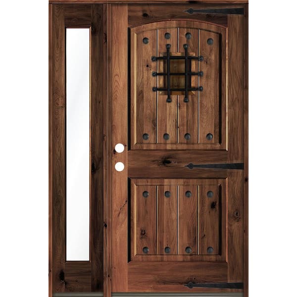 Krosswood Doors 56 in. x 80 in. Mediterranean Knotty Alder Right-Hand/Inswing Clear Glass Red Mahogany Stain Wood Prehung Front Door