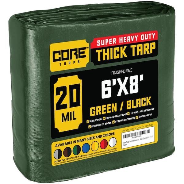 CORE TARPS 6 ft. x 8 ft. Green/Black 20 Mil Heavy Duty Polyethylene Tarp, Waterproof, UV Resistant, Rip and Tear Proof