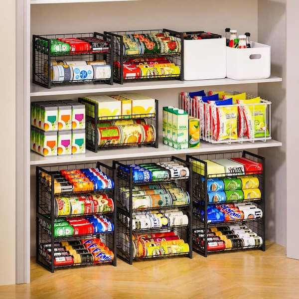 Black Can Rack Organizer 2 Pack with Adjustable 2-Tier Shelves for Pantry Canned Food Soda Snack Storage
