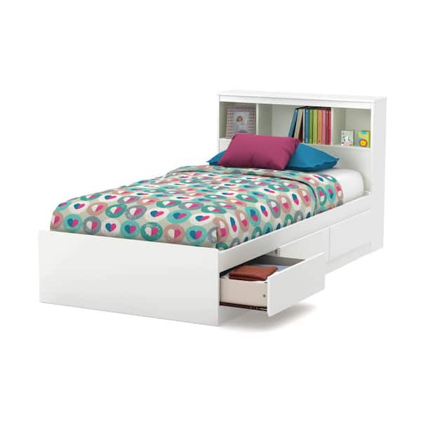 South S Reevo Pure White Twin, Twin Bed With Bookcase Headboard And Drawers Set