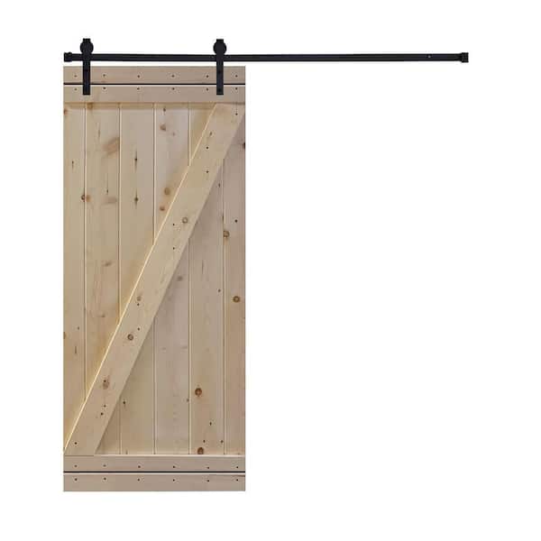 AIOPOP HOME AIOPOP Z-Bar Series 24 in. x 84 in. Unfinished Knotty Pine Wood DIY Sliding Barn Door with Hardware Kit