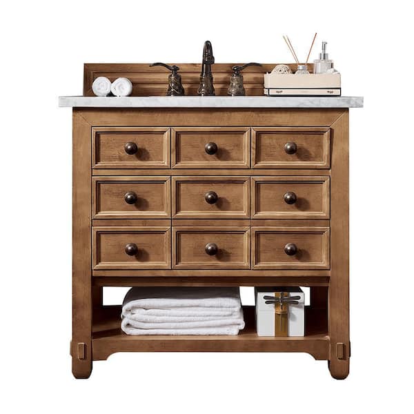 James Martin Vanities Malibu 36 in. W x 23.5 in.D x 35.3 in. H Single Bath Vanity in Honey Alder with Solid Surface Top in Arctic Fall