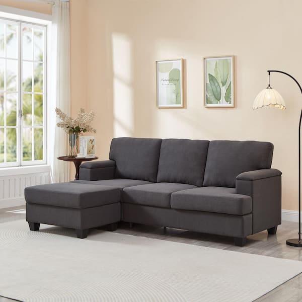 Vesper Modern 85.83 in. 3-Piece Linen Upholstered Modular Sectional Sofa in. Dark Gray with Storage Ottoman