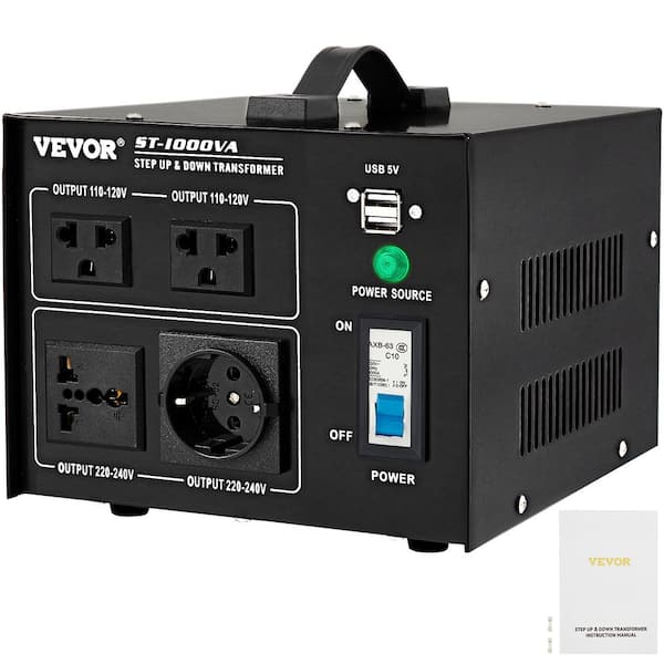 VEVOR Voltage Converter Transformer 1000-Watt Up/Down Transformer 110-Volt/240-Volt US/EU Outlet 5-Volt USB Port Pipe Capacity