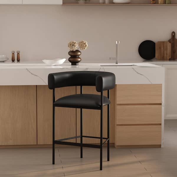 Onda 35.8 in. H Black Metal Counter Height Bar Stool with Faux Leather Upholstered Seat
