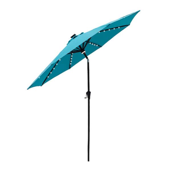 FLAME&SHADE 11 ft. Aluminum Market Solar Lighted Tilt Patio Umbrella with LED in Aqua Blue Solution Dyed Polyester