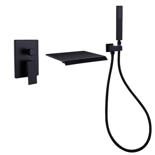 Unbranded Single-Handle Wall Mount Roman Tub Faucet with Hand Shower and Waterfall in Matte Black