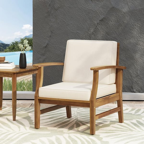 Harper & Bright Designs Acacia Wood Outdoor Patio Lounge Chair with Cream Cushions