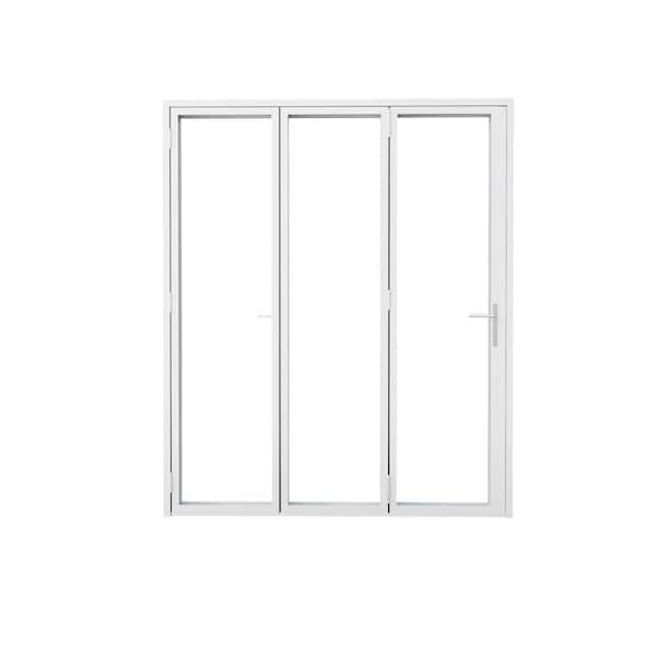 96 in. x 96 in. Left Center Opening/Outswing Double Tempered Glass White Aluminum Folding Patio Door