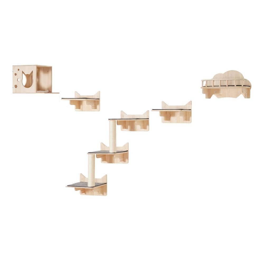 Natural Pine Wood Wall Mounted Cat Playground Set