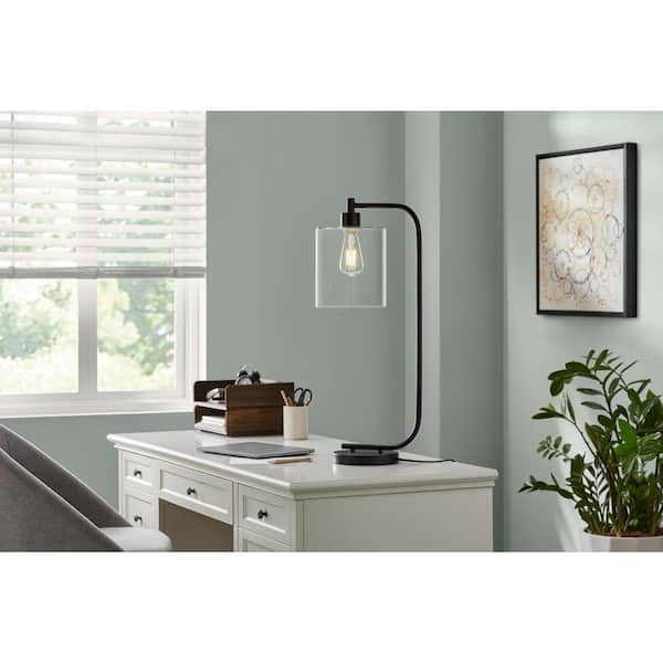 Hampton Bay Cline 28 in. 1-Light Black Table Lamp with Clear Glass Shade