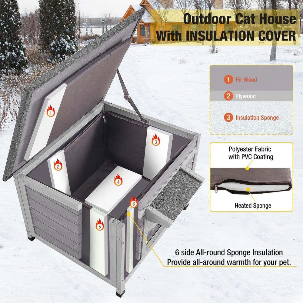 Insulated Gray Wooden Outdoor Cat House with Thermal Liner
