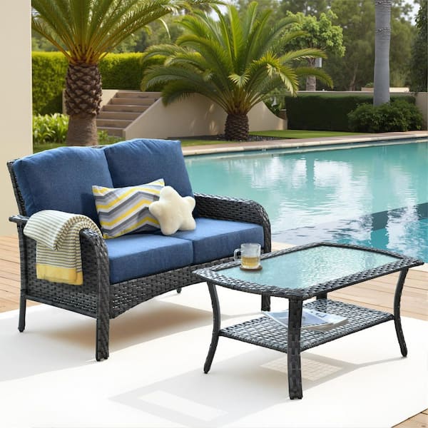 Gray Wicker 2-Piece Outdoor Loveseat Patio Loveseat Set with Denim Blue Cushions and Glass Coffee Table for Small Space