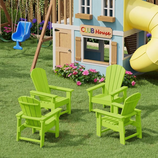 Children's Laguna Set of 4 Outdoor Patio All Weather Fade Resistant Kids Poly Plastic Adirondack Chairs in Lime