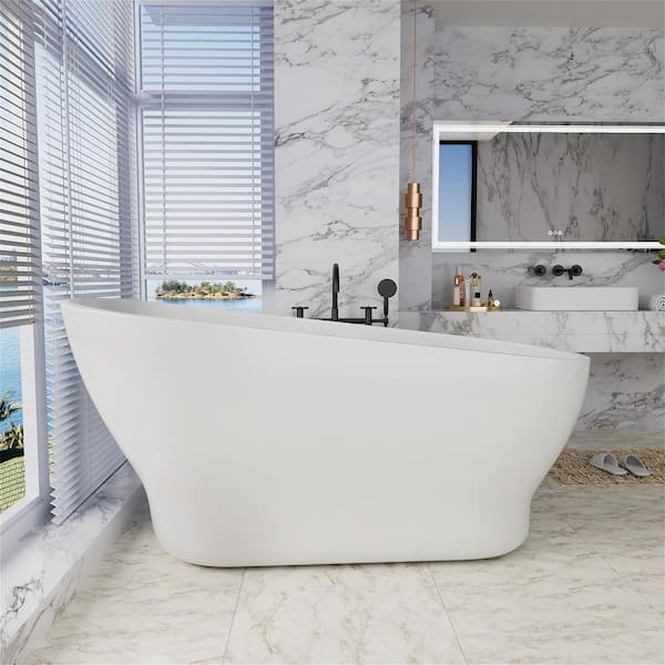 67 in. Acrylic Oval Shaped Freestanding Flatbottom Top Sloping Design Non-Whirlpool Soaking Bathtub in White