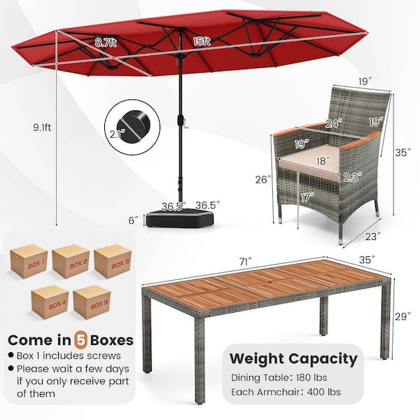 10-Piece Wicker Rectangle Outdoor Dining Set with Beige Neutral Cushions and Red Umbrella
