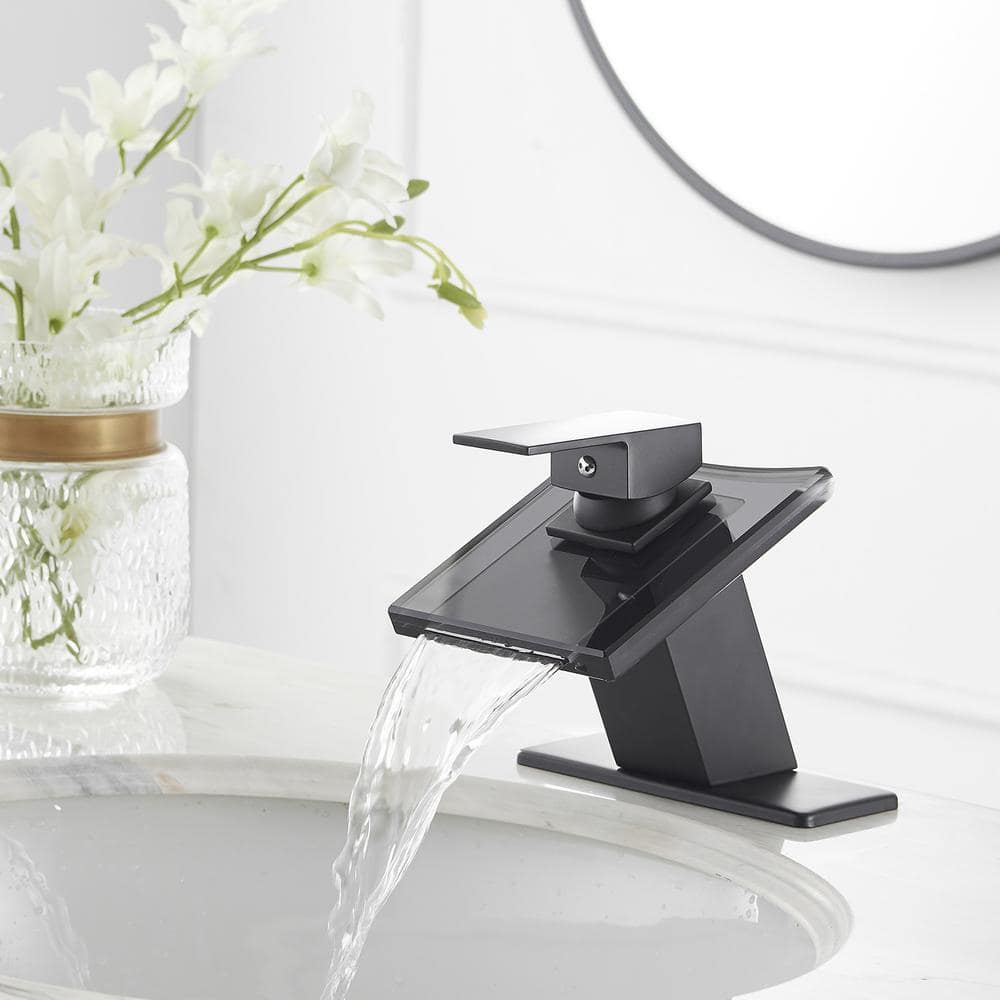 Matte Black Glass Waterfall Bathroom Faucet with Brass Handle