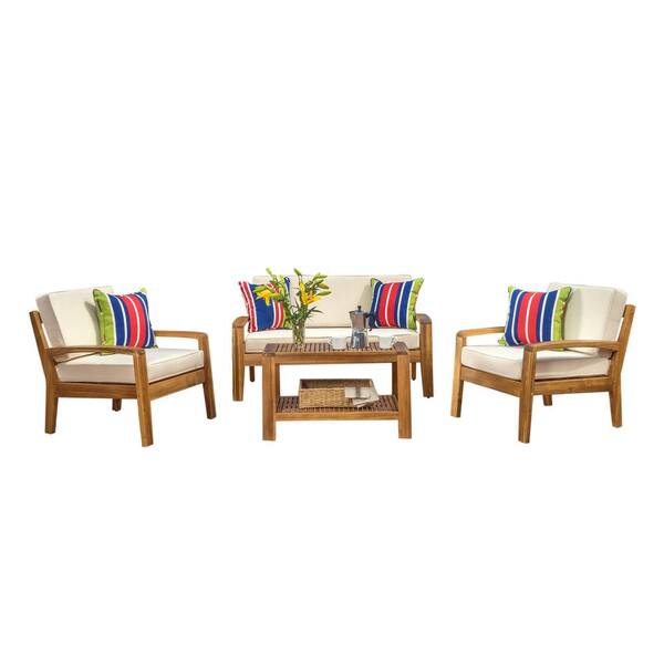 Noble House Grenada Teak 4Piece Wood Patio Conversation Set with Beige