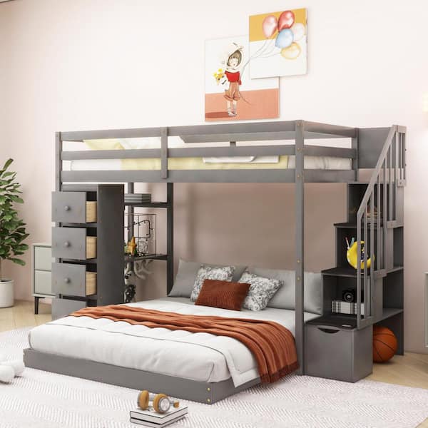 Polibi Gray Twin Over Full Bunk Bed with 3-layer Shelves, Drawers and Storage Stairs