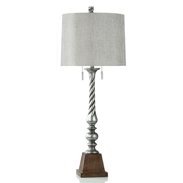 StyleCraft 40.87 in. Metallic Silver, Brown Faux Wood Table Lamp with Gray Tweed Polyester, Cotton Sheen Fabric Shade