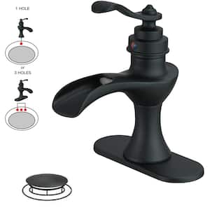 Waterfall Single Hole Single-Handle Low-Arc Bathroom Faucet With Pop-up Drain Assembly in Matte Black