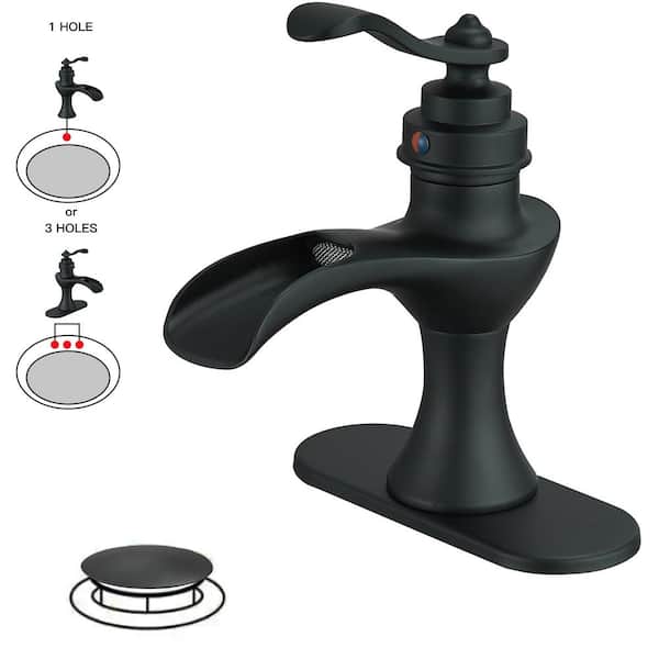 HOMEMYSTIQUE Single Handle Single Hole Bathroom Faucet with Deckplate Included and Drain Kit Included in Matte Black