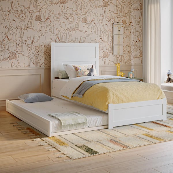Aveline White Wood Frame Twin Platform Bed with Matching Footboard and Twin Trundle