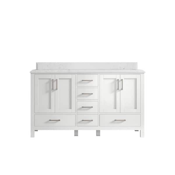 Willow Collections Malibu 60 in. W x 22 in. D x 36 in. H Double Sink Bath Vanity in White with Cove Edge Empira Quartz Top