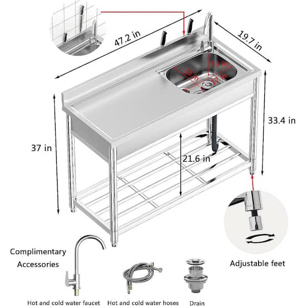 Adrinfly Stainless Steel Freestanding Utility Sink with Workbench & Faucets