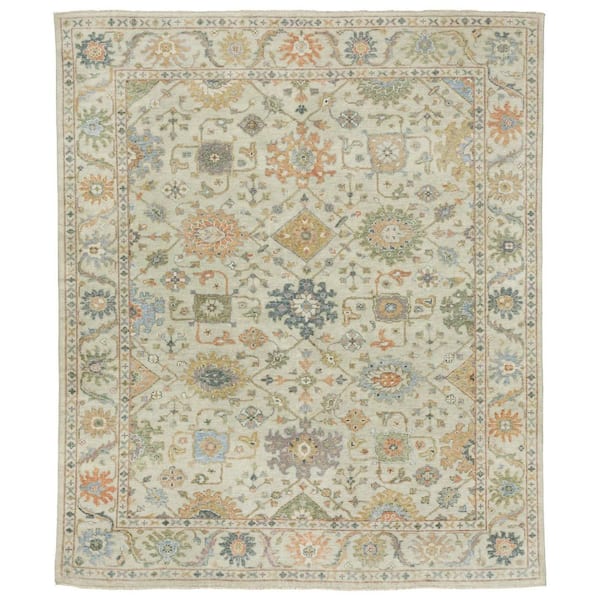 2' X 3' Beige And Green Wool Oriental Hand Knotted Area Rug With Fringe