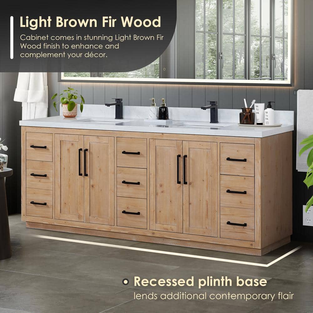 Cicero 84" Light Brown Fir Wood Vanity with White Stone Top