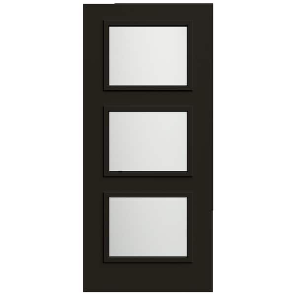 JELD-WEN 36 in x 80 in 3 Lite Equal Right-Hand/Inswing Frosted Glass Black Steel Front Door Slab