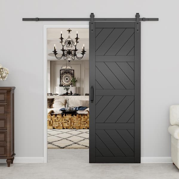 30 in. x 84 in. Black Finished 4-Lite Wave Pattern Style MDF Sliding Barn Door with Hardware Kit and Soft Close