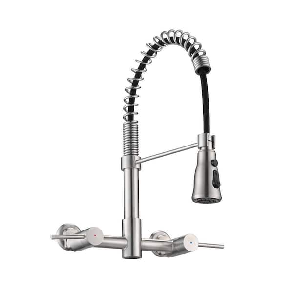 Double Handle Bridge Kitchen Faucet with 3-Function Pull Down Sprayer Head in Brushed Nickel