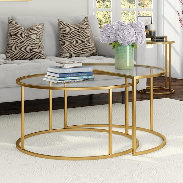 Meyer&Cross Luna 30 in. Brass Round Glass Nested Coffee Table with 2 ...