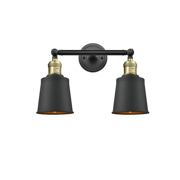 Addison 16 in. 2 Light Matte Black, Black Antique Brass Vanity Light with Black Metal Shade