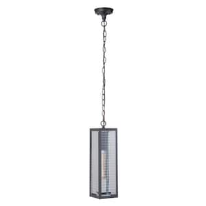 Deka 17.25 in. 1-Light Midnight Finish Dimmable Outdoor Pendant Light with Square Patterned Glass, No Bulb Included