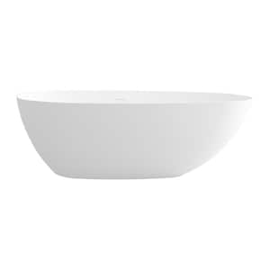 59 in. Stone Resin Flatbottom Solid Surface Freestanding Soaking Bathtub in White with Drain