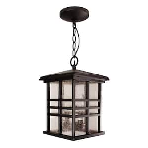 Huntington 2-Light Weathered Bronze Hanging Outdoor Pendant Light Fixture with Seeded Glass