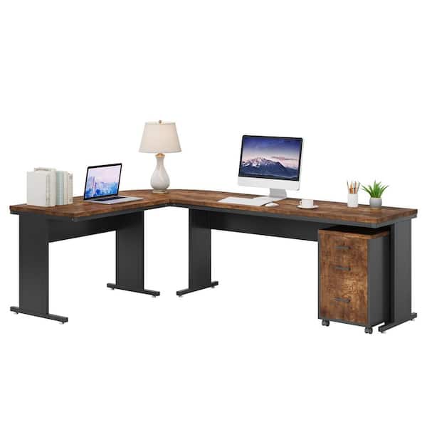 Capen 83 in. L-Shaped Retro Brown Wood 3-Drawer Executive Desk Computer Desk Work Desk with File Cabinet