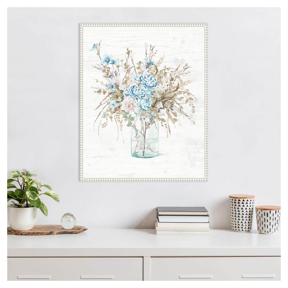 Blue Flowers in Glass Vase Canvas Wall Art with White Frame