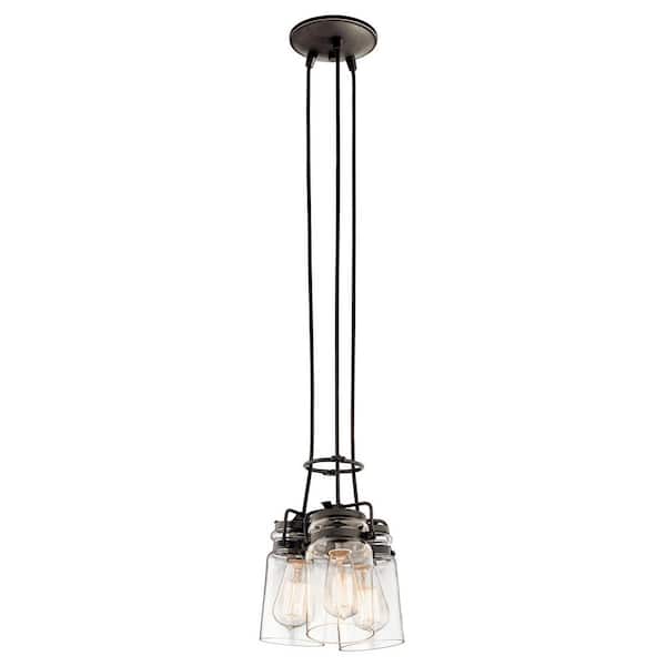 Brinley 3-Light Olde Bronze Vintage Industrial Shaded Kitchen Pendant Hanging Light with Clear Glass