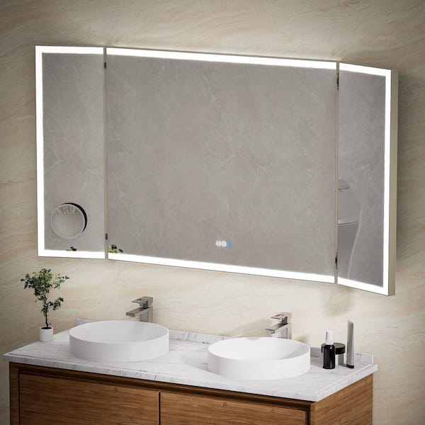 FORCLOVER 66 in. W x 36 in. H Tri-Fold Rectangular Framed Wall Mount LED Bathroom Vanity Mirror