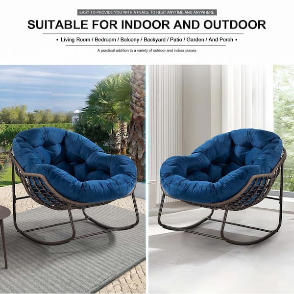 Metal Outdoor Rocking Chair Oversized Rattan Egg with Navy Blue Thick Cushion for Backyard Patio Poolside
