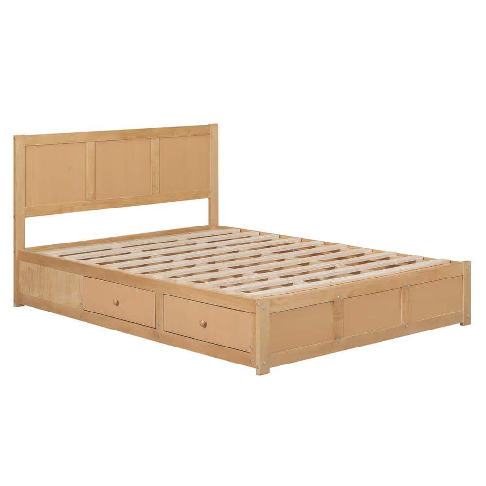 Natural Pine Full Size Platform Bed with Storage and Drawers