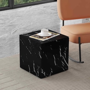 15.7 in. Black Square MDF Coffee Table with Marble Texture Finish Top