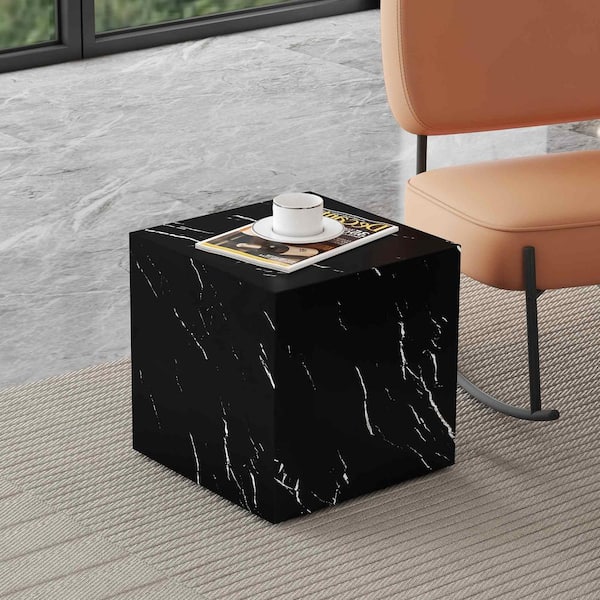 15.7 in. Black Square MDF Coffee Table with Marble Texture Finish Top